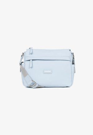 Light blue crossbody bag made of smooth leather, featuring front zippered pocket, adjustable strap, and subtle embossed logo detail.