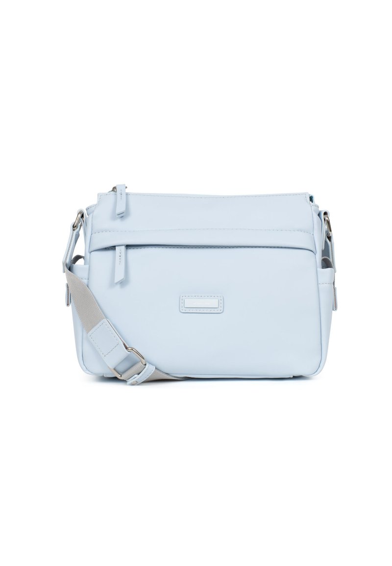 Borsa a tracolla azzurro chiaro in pelle liscia, con tasca anteriore con zip, tracolla regolabile e sottile dettaglio del logo impresso.