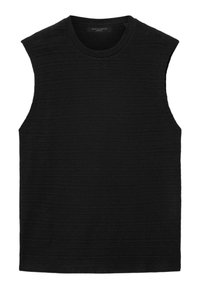 Μαύρο πλεκτό τοπ χωρίς μανίκια με διακριτικές οριζόντιες υφασμένες ρίγες και στρογγυλή λαιμόκοψη.