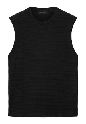 Schwarzes ärmelloses Stricktop mit dezenten horizontalen Texturstreifen und einem Rundhalsausschnitt.