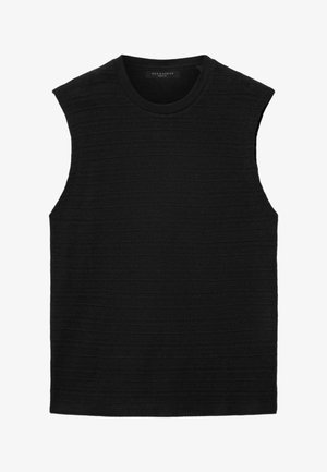 Schwarzes ärmelloses Stricktop mit dezenten horizontalen Texturstreifen und einem Rundhalsausschnitt.