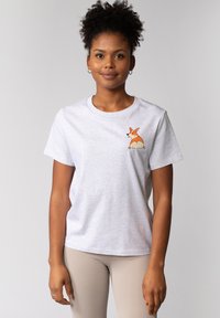 Grijze katoenen t-shirt met een ronde halslijn en korte mouwen, voorzien van een geborduurd corgi-ontwerp op de linkerborst.