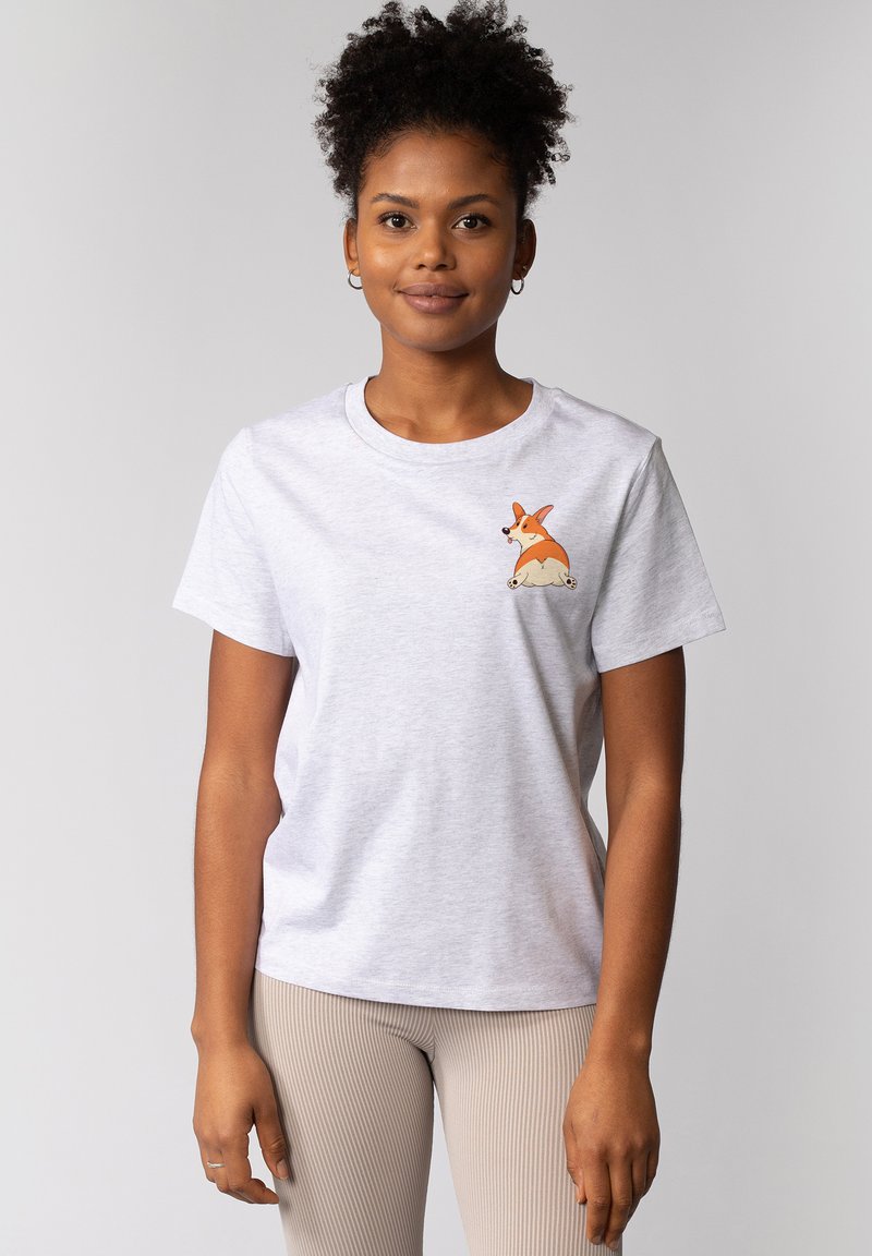 Grijze katoenen t-shirt met een ronde halslijn en korte mouwen, voorzien van een geborduurd corgi-ontwerp op de linkerborst.