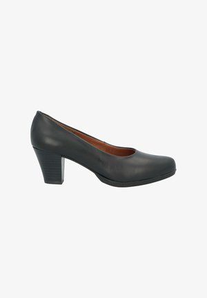 Zapato de tacón negro de piel con punta redondeada, tacón de bloque moderado y textura suave. Presenta un sutil acento interior en marrón.