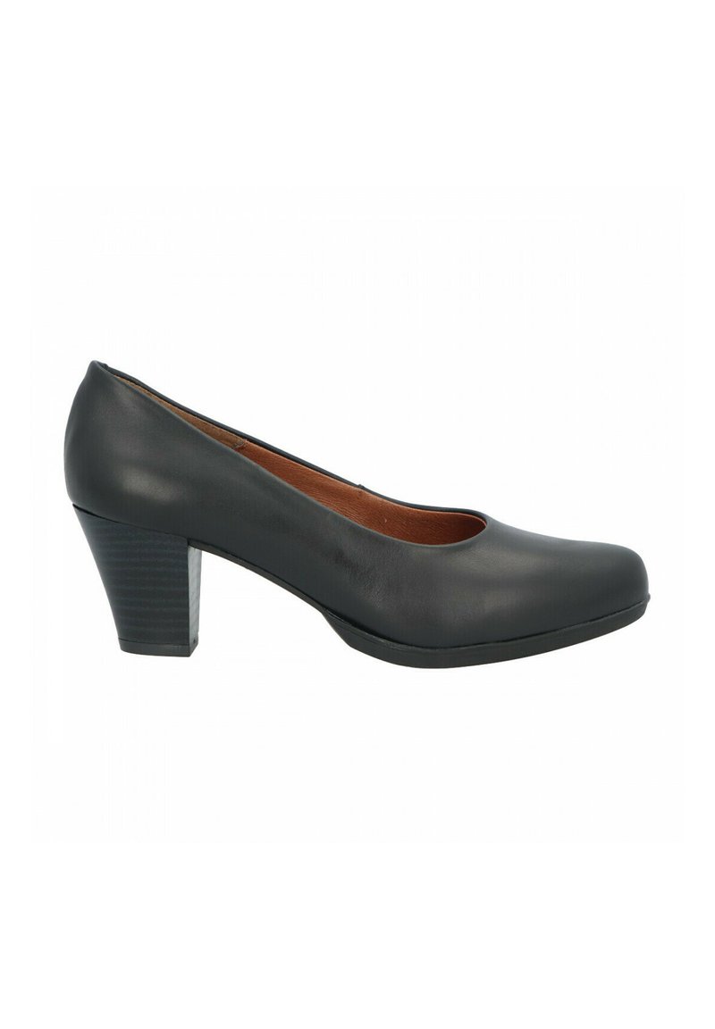 Zapato de tacón negro de piel con punta redondeada, tacón de bloque moderado y textura suave. Presenta un sutil acento interior en marrón.