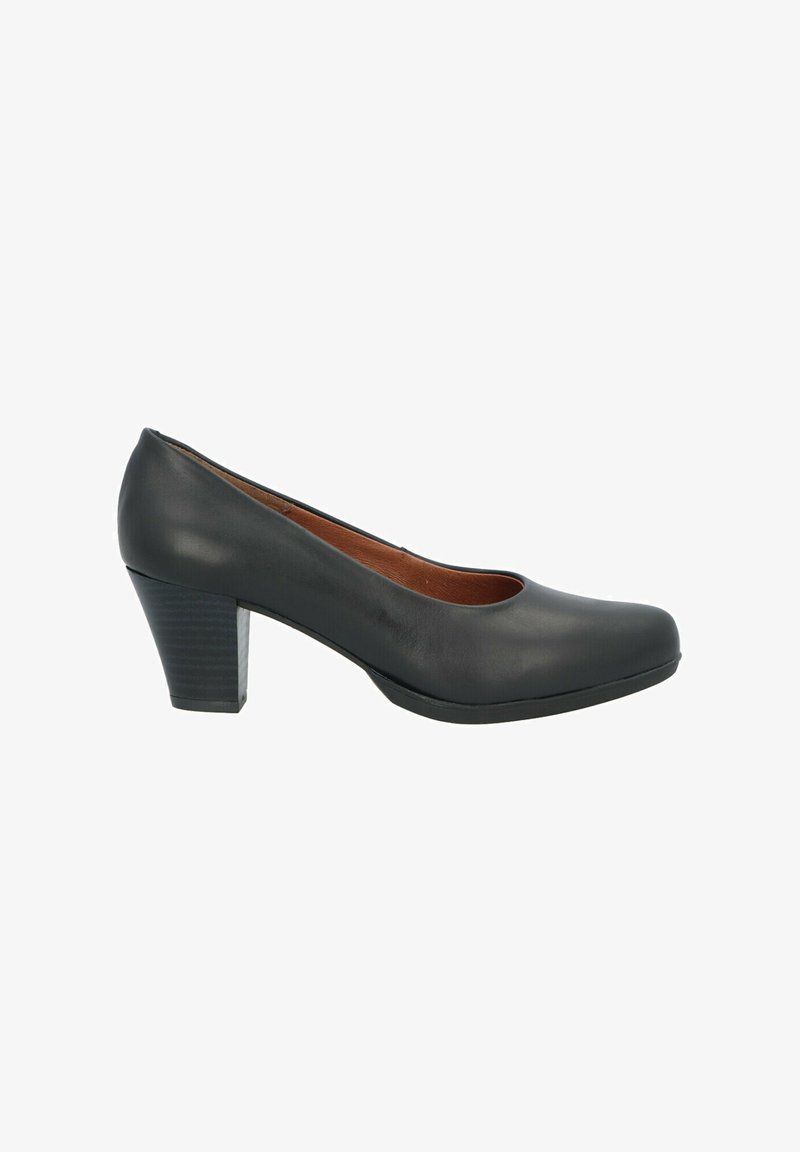 Zapato de tacón negro de piel con punta redondeada, tacón de bloque moderado y textura suave. Presenta un sutil acento interior en marrón.
