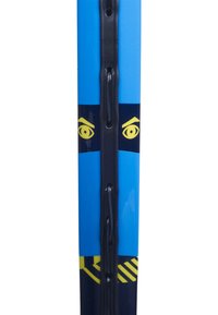 Blauwe en marineblauwe skistok met ooggraphics in geel, textuur gripgebieden en zichtbare metalen hardware voor het bevestigen van de banden.