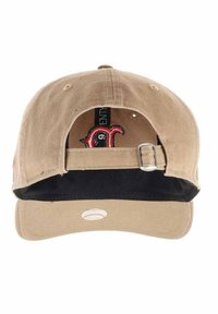 Beige baseball cap with a curved brim, adjustable strap, and embroidered logo inside. Features a textured fabric and interior lining in black.