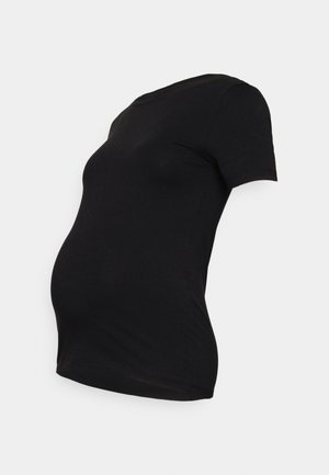 Svart gravidt-skjorte med korte ermer, laget av elastisk materiale, tettsittende design og en rund kant som tilpasser seg en voksende mage.