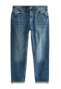 Jeansy z denimu w ciemnoniebieskim odcieniu z wyblakłym przodem, zwykłym pasem, pięcioma kieszeniami i podwiniętymi mankietami na dole.