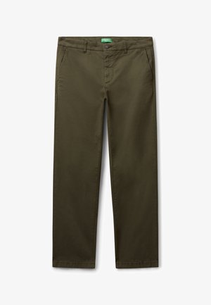 Chinos de algodón color verde olivo con un diseño de pierna recta, que incluyen bolsillos frontales, un cierre de botón y una textura suave.