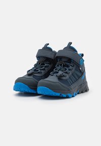 Blue and gray hiking boots featuring a textured synthetic upper, rubber sole with traction treads, and adjustable Velcro strap.