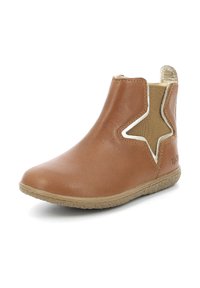 Bottine en cuir marron avec un design en découpe étoile, un panneau élastique beige et une semelle en caoutchouc texturé. Présente une finition lisse et des accents beige clair.