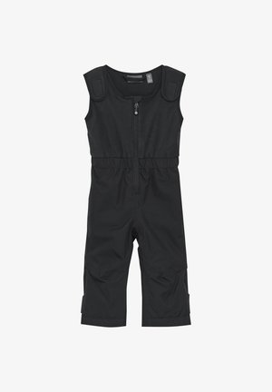 Sort ærmeløs jumpsuit med en frontlynlås, elastisk talje og velcro-stropper på skuldrene; har cropped ben og en glat tekstur.