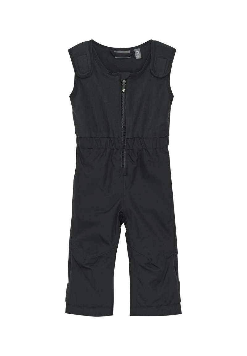 Svart ärmlös jumpsuit med dragkedja fram, elastisk midja och kardborreband på axlarna; har korta ben och en mjuk textur.