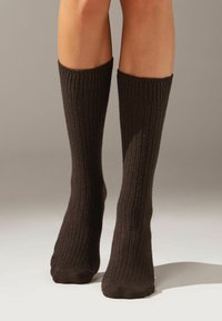 Dunkelbraune, gerippte Kniestrümpfe mit weicher Textur und nahtlosem Zehenbereich. Das Design enthält vertikale Linien für zusätzliche Details.