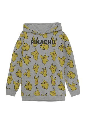Grijze hoodie met een all-over print van gele Pikachu-karakters. Tekst "PIKACHU" in het zwart op de borst. Zachte stof, casual ontwerp.