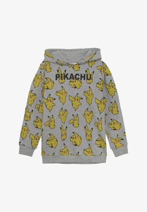 Grå huvtröja med ett mönster av gula Pikachu-karaktärer över hela. Texten "PIKACHU" i svart på bröstet. Mjuk tygkvalitet och avslappnad design.
