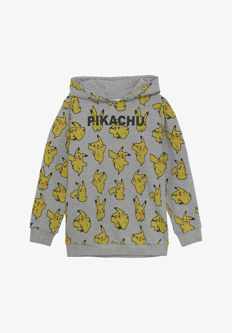 Grauer Kapuzenpullover mit einem Allover-Print von gelben Pikachu-Charakteren. Text "PIKACHU" in Schwarz auf der Brust. Weicher Stoff, lässiges Design.