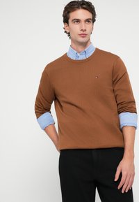 Καφέ βαμβακερό πουλόβερ με στρογγυλή λαιμόκοψη, φορεμένο πάνω από ένα ανοιχτό μπλε πουκάμισο με γιακά. Διαθέτει γυρισμένα μανίκια και μια μικρή λεπτομέρεια λογότυπου στο στήθος.