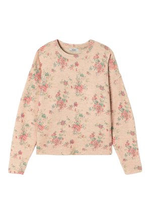 Pull en tricot en matière douce, présentant un fond rose clair avec un motif floral rouge et vert. Encolure ronde et ourlet côtelé.