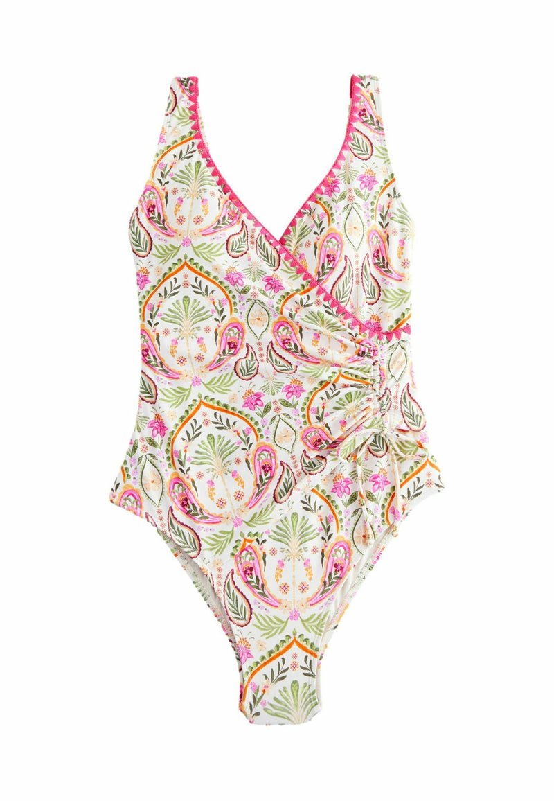 Eéndelige badpak in het wit met een kleurrijke bloemen- en paisleyprint. Het heeft een diepe V-halslijn en geplooide details aan de zijkant.