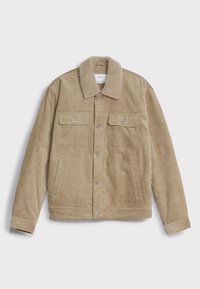 Světle hnědá manšestrová bunda s límcem z beránčí kožešiny, dvěma náprsními kapsami, bočními kapsami a předním zapínáním na knoflíky. Texturovaná tkanina s vertikálními pruhy.