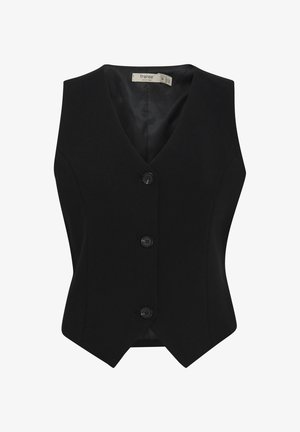 Gilet sans manches noir avec un col en V, trois boutons à l'avant et une coupe ajustée. Fabriqué en tissu lisse avec des détails de design minimalistes.