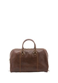 Sac de voyage en cuir marron avec des poignées arrondies, quincaillerie dorée, couture prononcée et fermeture éclair. Présente des accents latéraux pour le style.