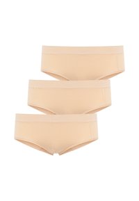 Set van drie beige hipster slips gemaakt van een gladde, rekbare stof met een zachte elastische tailleband en naadloze randen voor comfort.