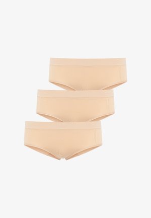Set med tre beiga hipsterunderkläder gjorda av slätt, elastiskt tyg med en mjuk elastisk midjeband och sömlösa kanter för komfort.