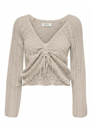 Crop top beige en maille à manches longues avec col en V, motif texturé et détail froncé avec cordon au centre avant.