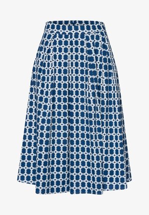 Jupe plissée bleue et blanche avec un motif géométrique de cercles entrelacés, fabriquée dans un tissu léger. Texture lisse.