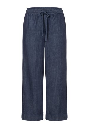 Marineblaue Leinenhose mit weitem Bein, elastischem Bund und vorderer Kordel zum Binden, in verkürzter Länge.