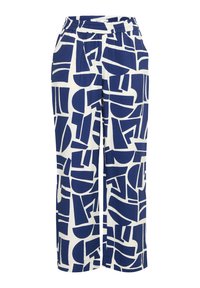 Wijdvalpantalon in een witte stof met een groot navy geometrisch patroon. Elastische tailleband; twee zijzakken zichtbaar. Glad textuur.