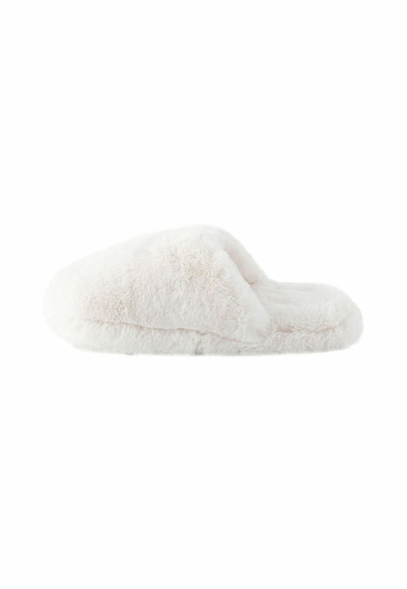 Hvide fluffy hjemmesko med en blød tekstur, åben rygdesign og rund tå. Har en tyk sål for komfort og varme.