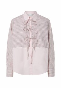 Långärmad skjorta med en ljusrosa bas och randiga detaljer, knapplåsning fram och en dekorativ snörning vid kragen.