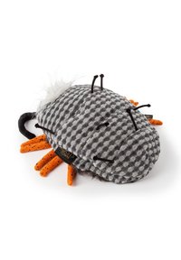 Gray checkered plush slipper shaped like a bug, featuring black antennae, orange legs, and a fluffy white accent on top.