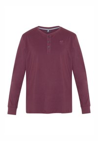 Langärmliges burgunderfarbenes Hemd aus Baumwolle mit einem geknöpften Henley-Ausschnitt, drei Knöpfen und einem dezenten Logo auf der Brust.