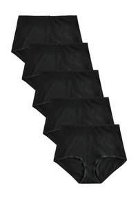 Černé bavlněné kalhotky, balení po pěti kusech. Mají bezšvový design s elastickým lemem a malými mašličkami v pase. Měkká textura, klasický střih.