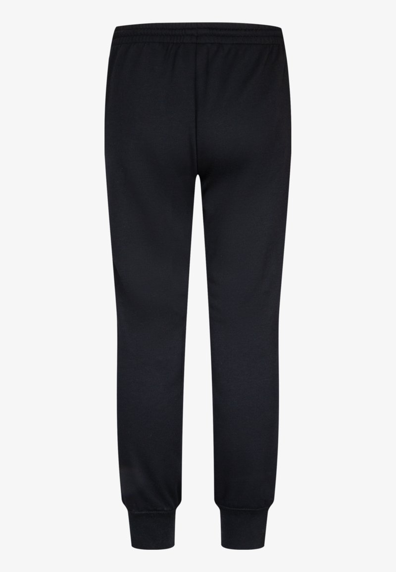 Pantalons de survêtement noirs avec une taille élastique, des poignets fuselés et une texture lisse. Le design est simple sans motifs ou logos distincts.
