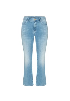 Hellblaue Denim-Jeans mit leichtem Verblassen, hoher Taille, vorderen Knöpfen und leicht ausgestellten, gekürzten Beinen.