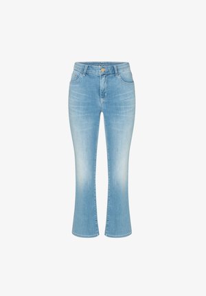 Hellblaue Denim-Jeans mit leichtem Verblassen, hoher Taille, vorderen Knöpfen und leicht ausgestellten, gekürzten Beinen.