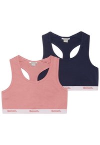 To sports-bher: en i myk rosa og en i marineblå. Begge har racerback-design og en hvit elastisk kant med "Bench."-logo. Laget av stretchy materiale.