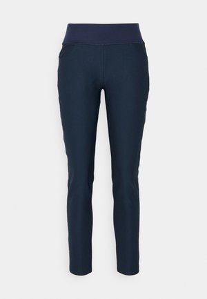 Marineblauwe slim-fit broek met een brede elastische tailleband, ontworpen voor comfort en casual dragen.