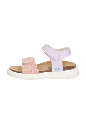Velcro sandals with a lavender synthetic upper and pink glitter strap. Cork footbed on a white rubber sole. Features blue accents.
