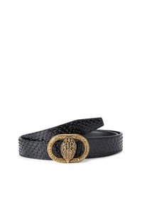 Ceinture en simili cuir noir avec une finition texturée, dotée d'une boucle en or ornée de détails raffinés et de pierres.