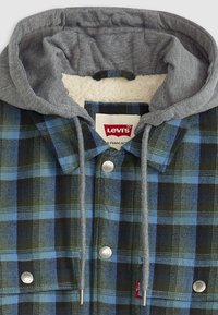 Levi's plaid jacket features a blue and green checkered pattern, gray hood, silver snap buttons, and soft, textured lining.