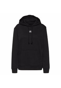 Svart hoodie i mjuk tyg med en framficka, justerbar dragsko för huvan och en liten vit logotyp på bröstet.