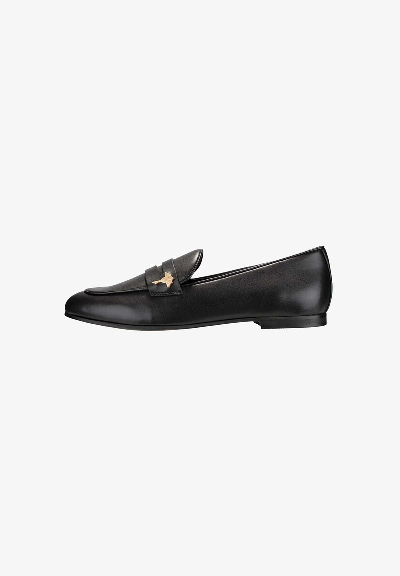 Black leather loafer with a sleek design, rounded toe, and a decorative strap featuring a gold accent detail. Smooth texture, low heel.